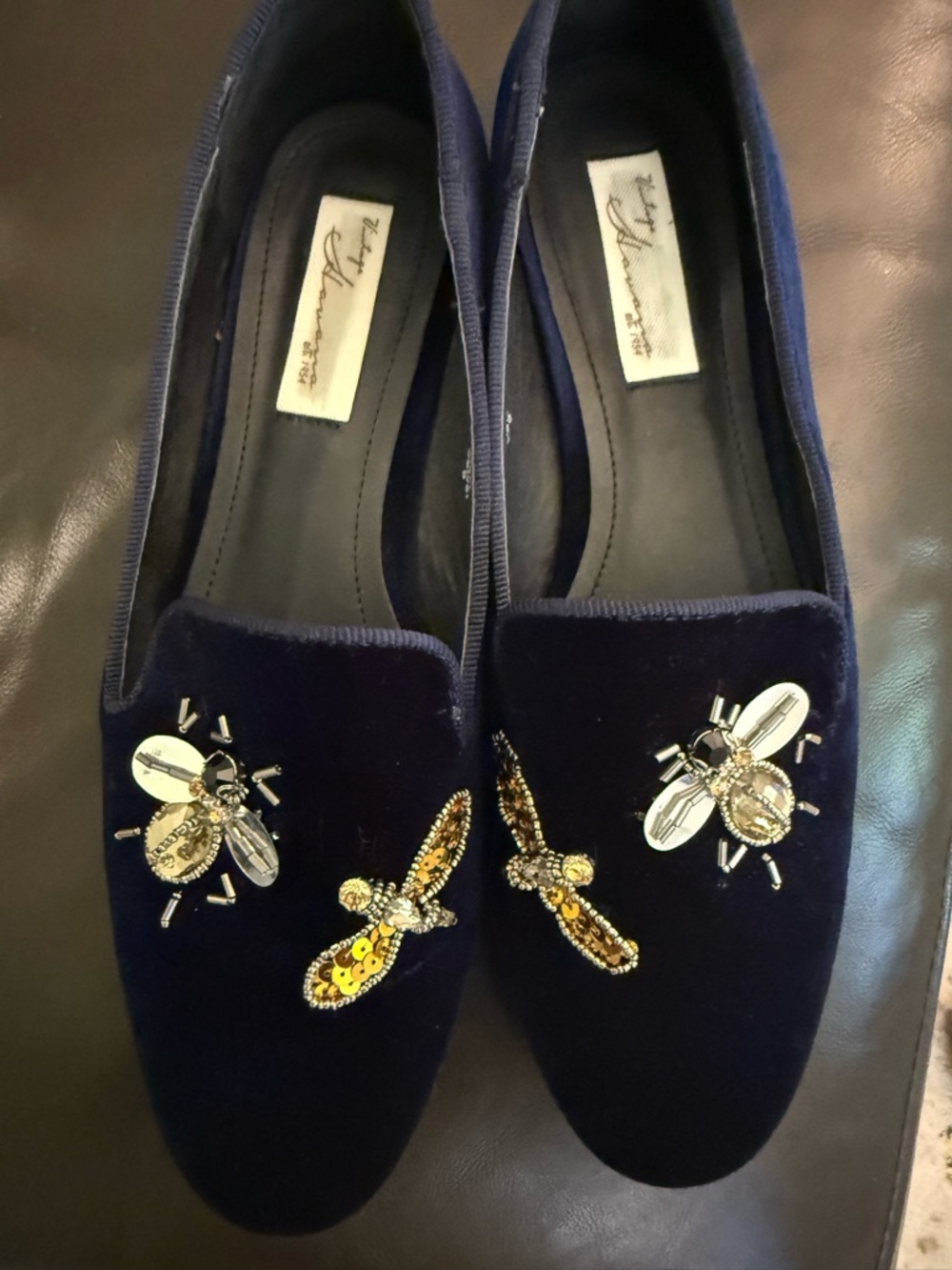 Women's Navy Velvet Embellished Loafers